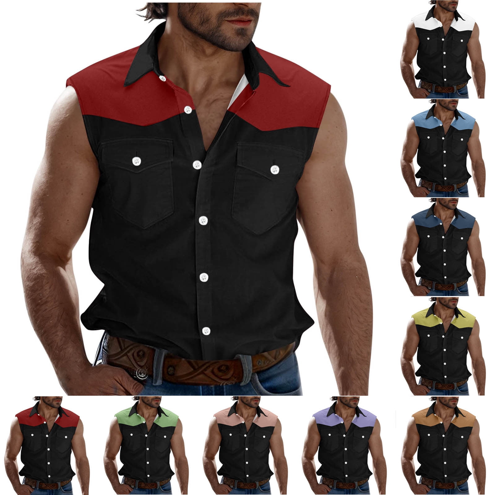 cllios Mens Sleeveless Shirts 2025 Fashion Color Block Button Down Tank ...