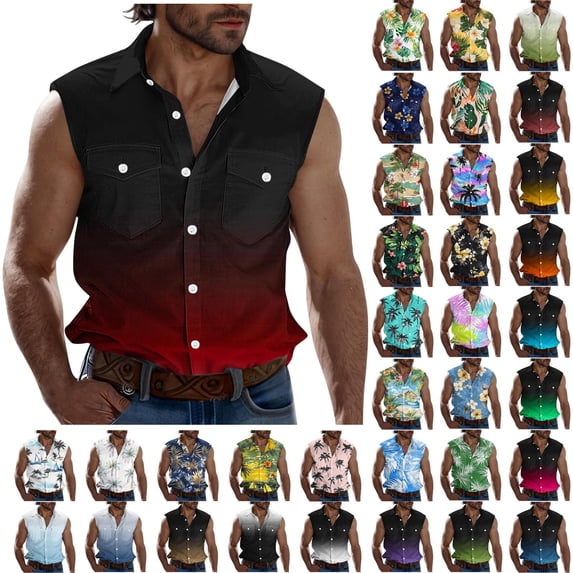 cllios Mens Summer Beach Tank Top Hawaiian Palm Tree Print Sleeveless Shirts Casual Button Down Collared Vest Tops with Pockets