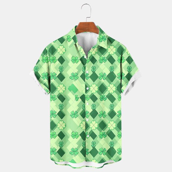 cllios Mens Summer Shirt St Patricks Day Hawaiian Shirts for Men Big and Tall Irish Shamrock Printed Beach Tshirt Casual Button Down Bowling Tee Tops