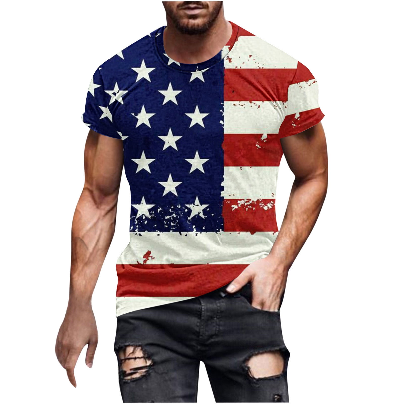 cllios Mens Summer Shirts,Independence Day Red White and Blue Graphic Tees 4th of July Slim Fit