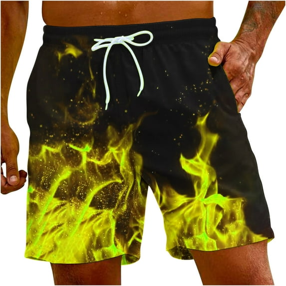cllios Mens Swim Trunks Trendy Flame Printed Quick Dry Swimming Shorts Casual Drawstring Board Shorts Men Big and Tall Swim Trunk Yellow XXXXL