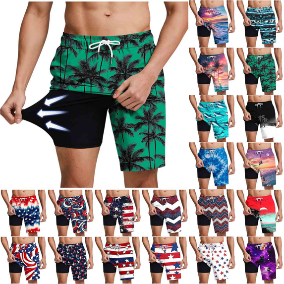 DIOAZUD Mens Swim Trunks 9 Inch with Liner Quick Dry Lightweight Beach Board Shorts Loose Fit 4th of July Printed Bathing Suits with Pockets