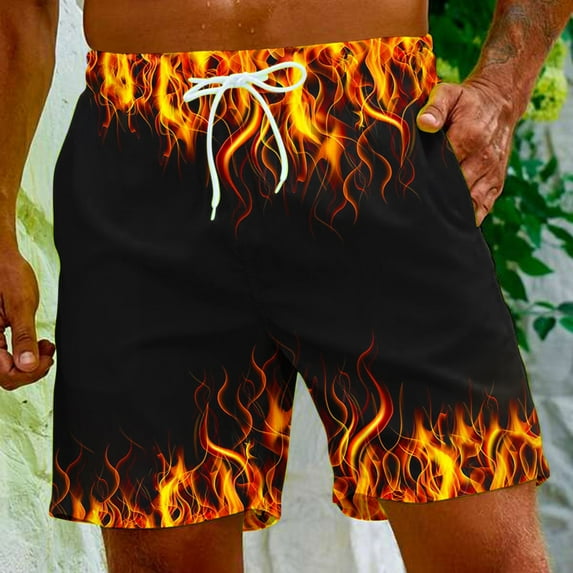 cllios Mens Swim Trunks Big and Tall Trendy Flame Print Swimming Shorts Lightweight Elastic Waist Drawstring Summer Beach Shorts with Pockets