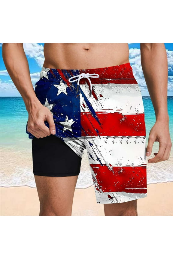 Mens Swim Trunks with Compression Liner Quick Dry 4th of July Board Shorts Distressed Red White and Blue Bathing Suits Elastic Waist Drawstring Holiday Shorts