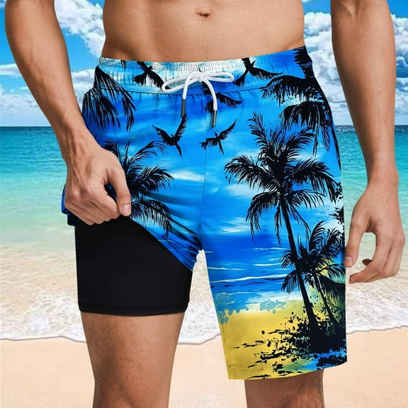 cllios Mens Swim Trunks with Liner Quick Dry Drawstring Swimming Shorts Palm Tree Tropical Hawaiian Beachwear Elastic Waistband Bathing Suits