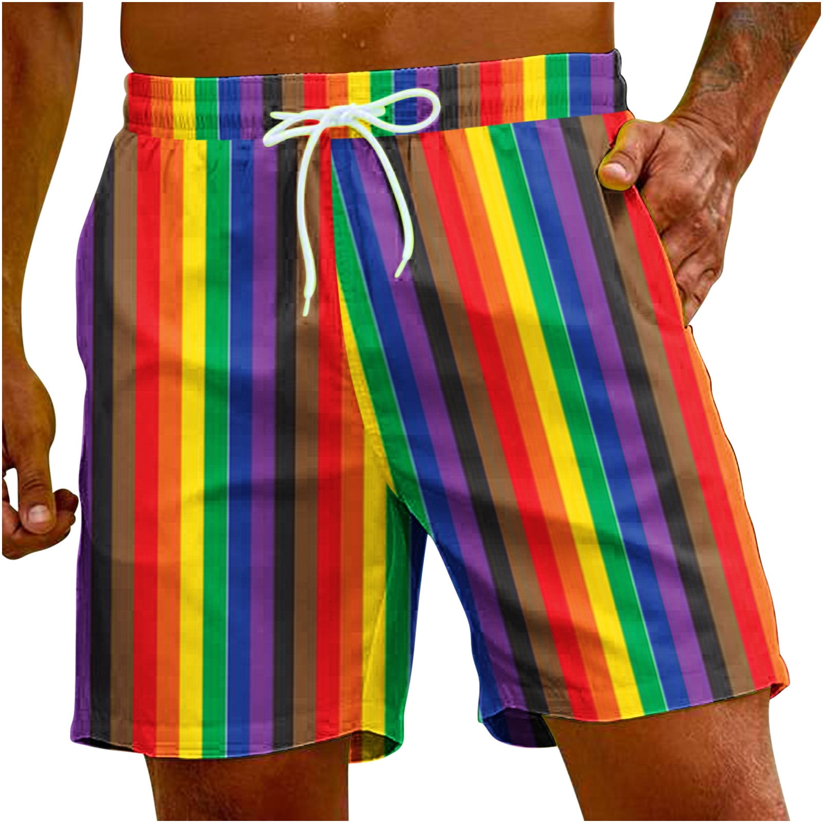 Cllios Mens Swimwear Summer Holiday Rainbow Swim Trunks Quick Dry