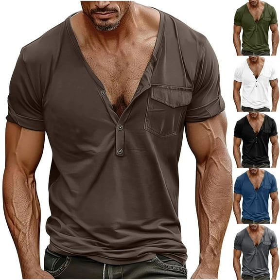 cllios Mens T-Shirts Deep V Neck Henley Shirts for Men Vintage Solid Color Western Tees Slim Fit Short Sleeve Muscle Tops with Pocket