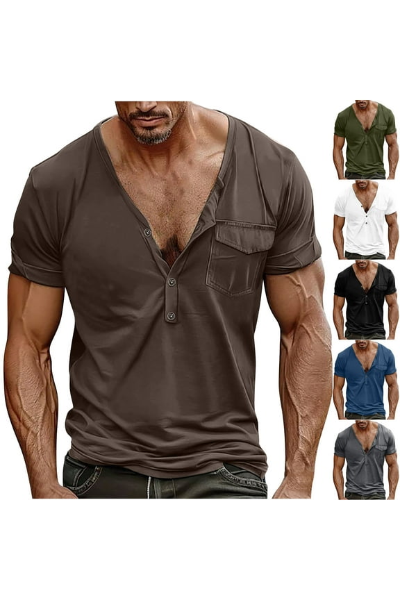 Mens T-Shirts Deep V Neck Henley Shirts for Men Vintage Solid Color Western Tees Slim Fit Short Sleeve Muscle Tops with Pocket