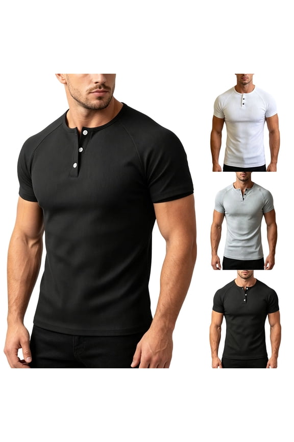 Mens T-Shirts Slim Fit Ribbed Knit Henley Shirts Raglan Short Sleeve Button Placket Tees Soft Stretchy Casual Daily Workout Tee for Men
