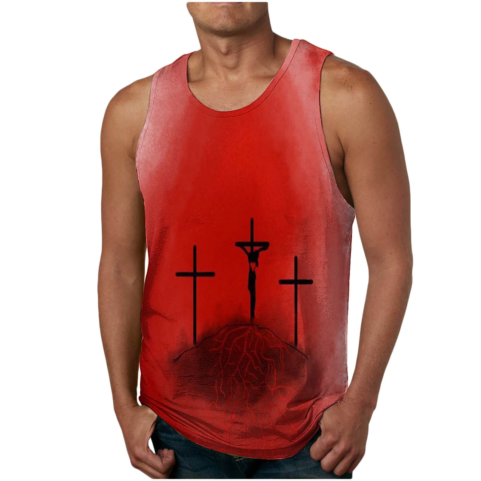 Cllios Mens Tank Tops Retro Jesus Cross Print Beach Top Sleeveless