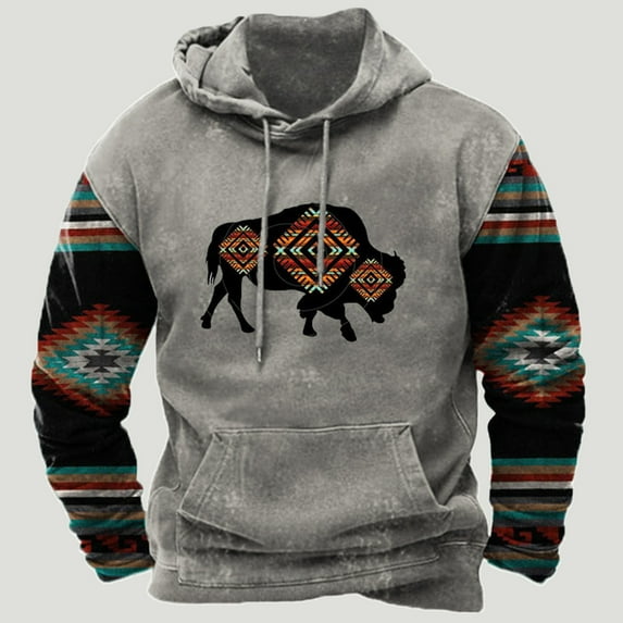 cllios Mens Western Aztec Hoodies Oversized Color Block Long Sleeve Hooded Sweatshirts Vintage Tribal Ethnic Graphic Print Tops 2023 Cowboy Sweatshirt Gray 2XL