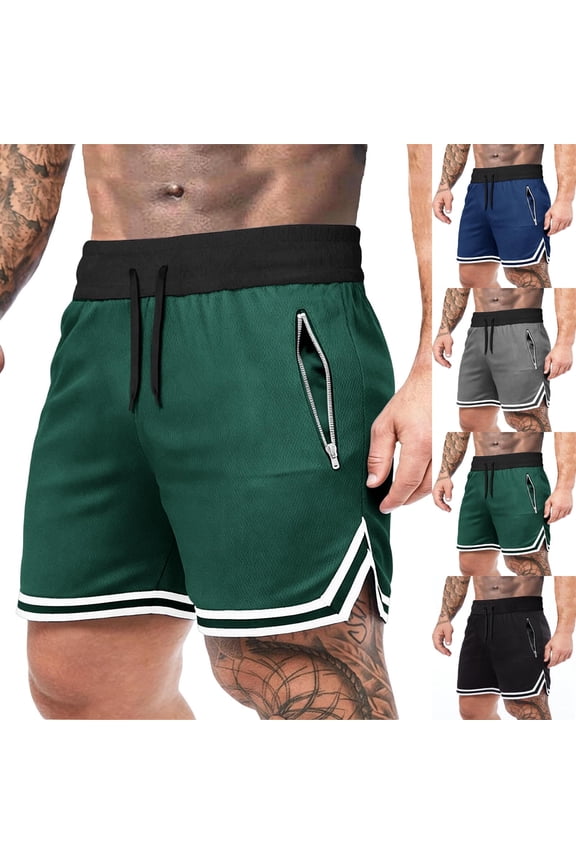 Mens Workout Shorts with Zipper Pockets Split Bottom Striped Hem Wide Leg Shorts Elastic Drawstring Waisted Short Pants for Athletic Running Green XL