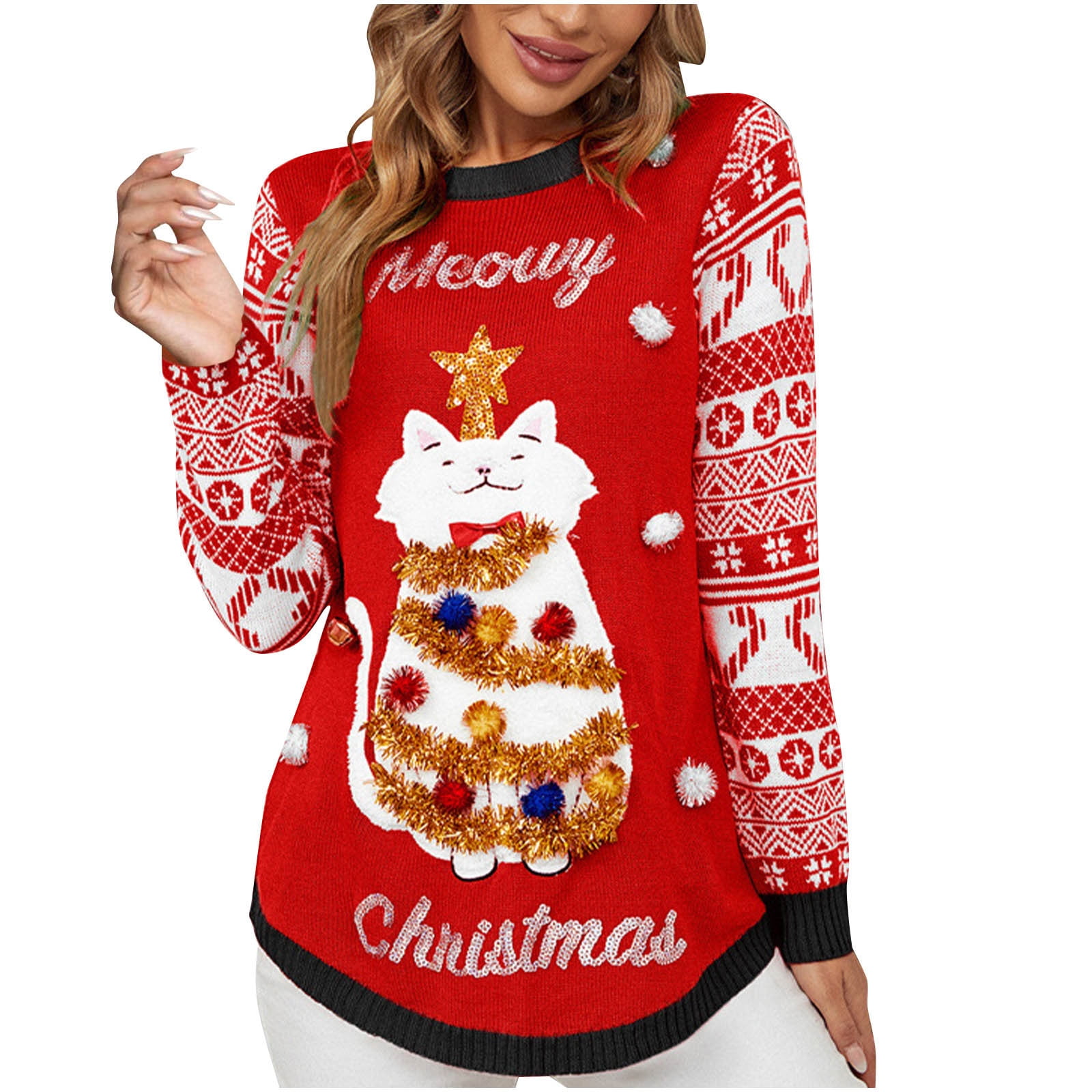 cllios Merry Christmas Sweater for Woman Novelty Xmas Tree Cat Graphic