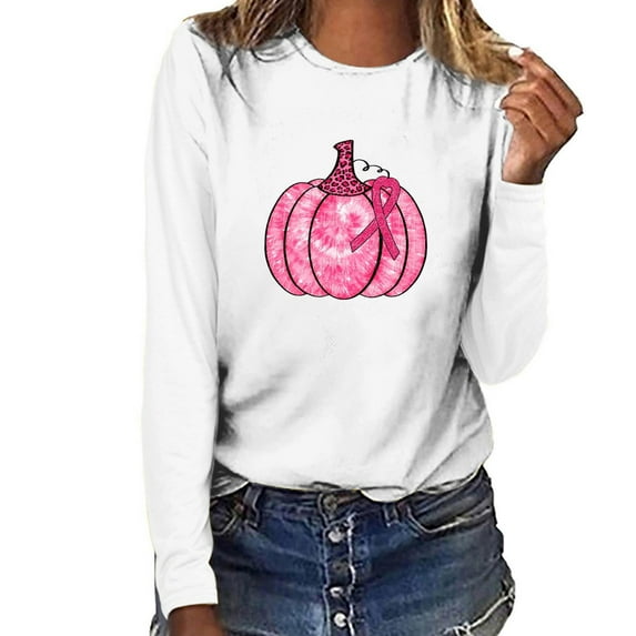 cllios In October We Wear Pink Shirts for Women Breast Cancer Awareness Long Sleeve T Shirts Loose Casual Round Neck Pink Ribbon Graphic Tees Survivor Gifts
