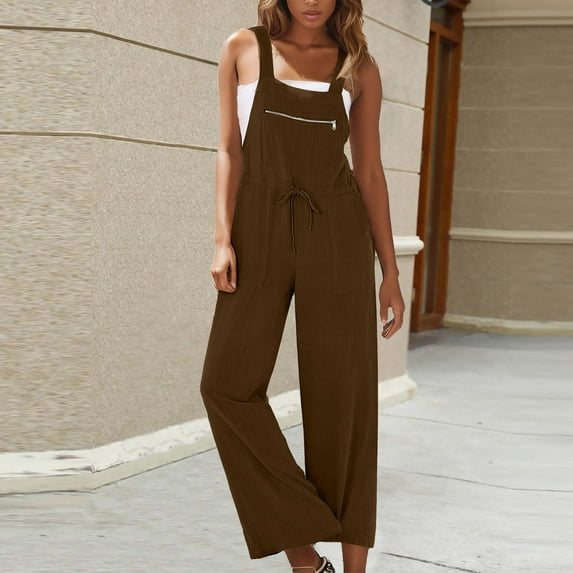 cllios Overalls for Women Summer Linen Jumpsuit Casual Drawstring High Waist Rompers Loose Sleeveless Wide Leg Overall with Front Zipper Pocket