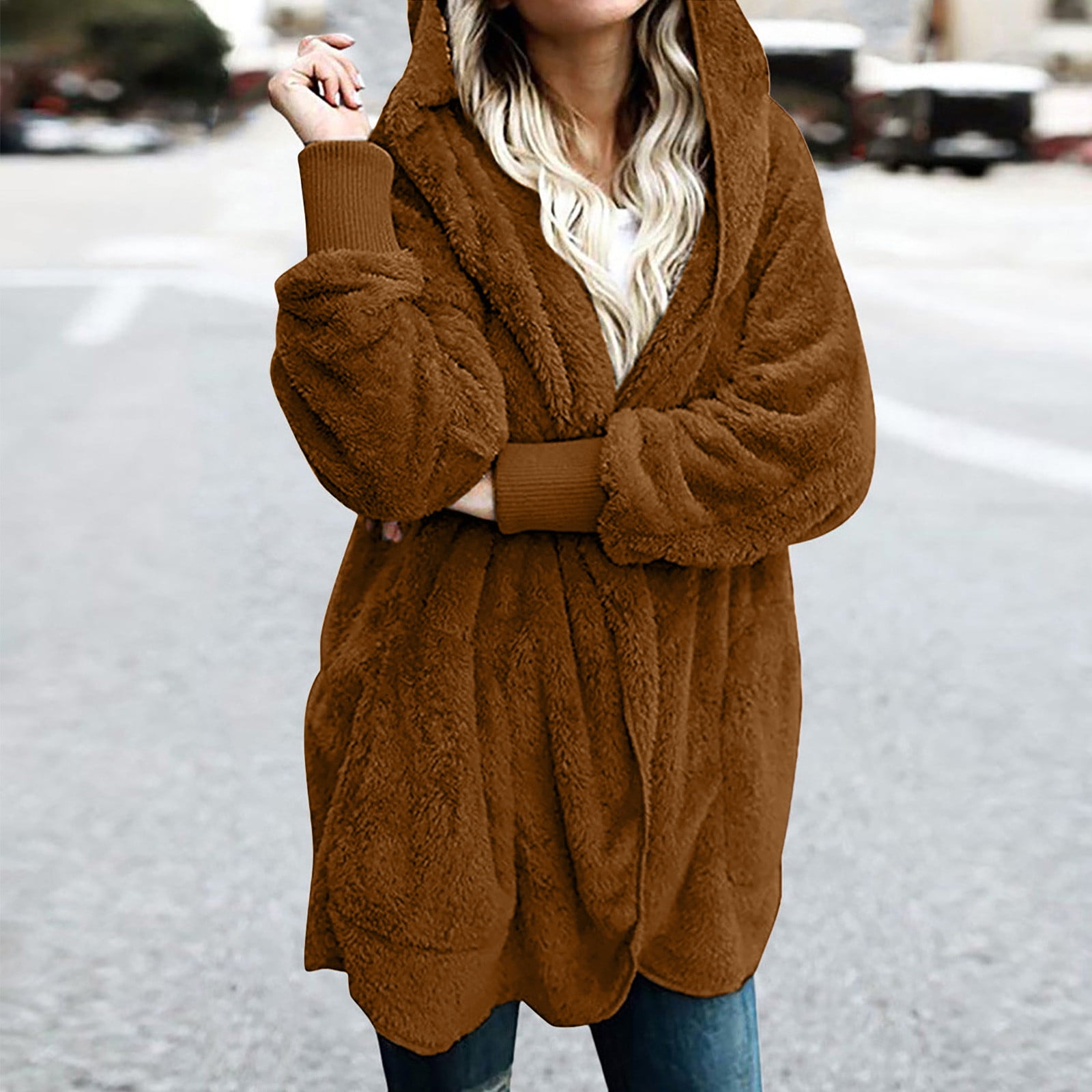 Hooded open front sherpa sweater cheap
