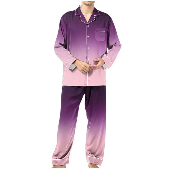 cllios Pajama Sets Mens Gradient Loungewear with Pockets Long Sleeve Blouse and Trousers 2 Piece Sleepwear Button Down Pjs Sets