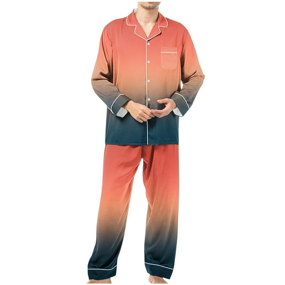 cllios Pajama Sets Mens Gradient Loungewear with Pockets Long Sleeve Blouse and Trousers 2 Piece Sleepwear Button Down Pjs Sets
