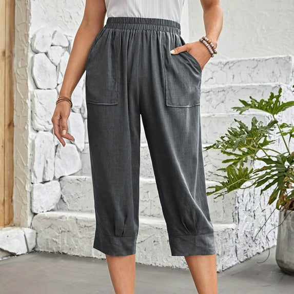 cllios Plus Size Cotton Linen Capris Pants Women Summer High Waist Pant Loose Fit Casual Tie Front Trousers Lightweight Beach Pants