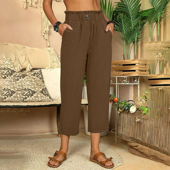 cllios Plus Size Linen Capris Pants for Women Summer High Waist Pant Loose Fit Flowy Drawstring Casual Trousers Lightweight Palazzo Pants