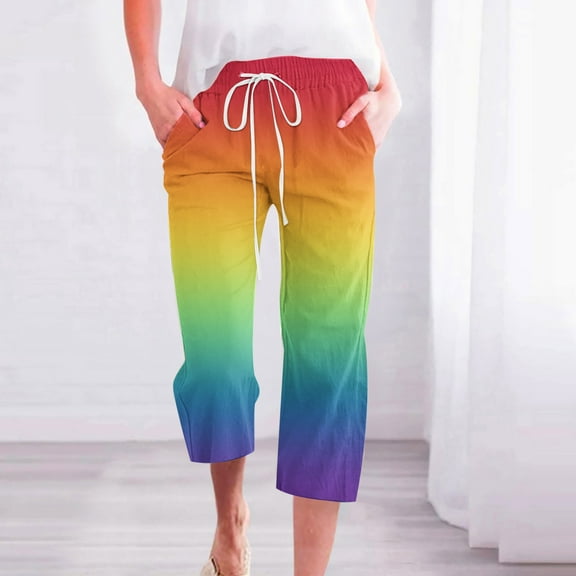 cllios Womens Plus Size Cotton Linen Capris Pants Summer Elastic Waist Pant Casual Drawstring Straight Trousers Print Lightweight Lounge Pants