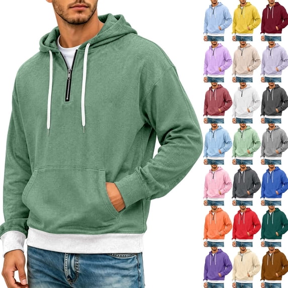 cllios Quarter Zip Hoodie Men Waffle Knit Pullover Long Sleeve Solid Color Casual Loose Fit Sweatshirt Hooded Tops with Pockets Navy S-XXXL