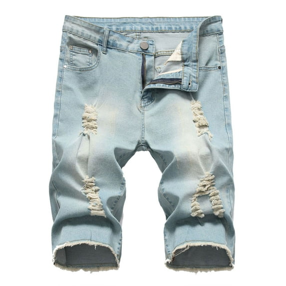 cllios Sales Today Clearance Mens Denim Shorts Big and Tall, Zipper Elastic Slim Casual Denim Shorts Play Wrap Ripped Men's Mid-length Pants