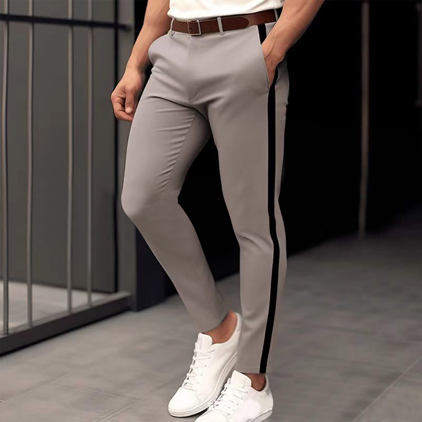 cllios Mens Skinny Dress Pants Color Block Stripe Stretch Slim Fit Flat ...
