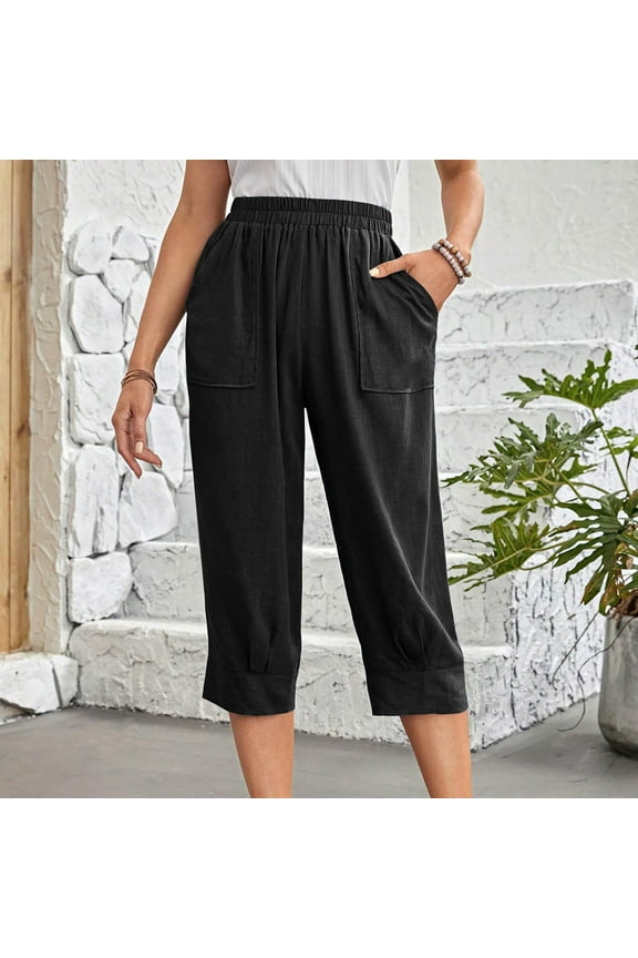Plus Size Cotton Linen Capris Pants Women Summer High Waist Pant Loose Fit Casual Tie Front Trousers Lightweight Beach Pants