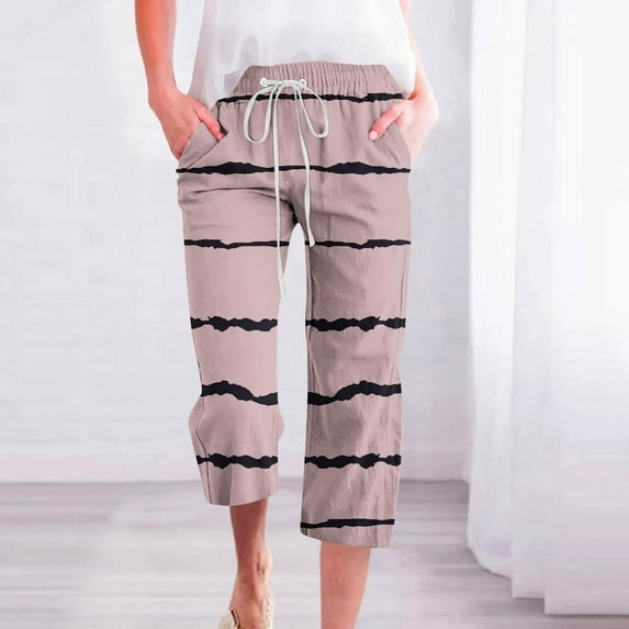 cllios Sales Today Clearance Wide Leg Linen Capris Pants for Women Summer Elastic Waist Pant Casual Drawstring Straight Trousers Print Lounge Palazzo Pants