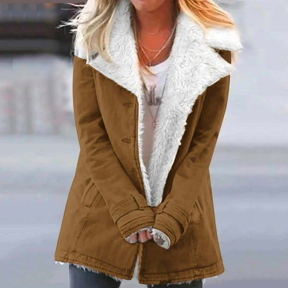 cllios Sherpa Lined Jackets for Women Classic-Fit Solid Button Down Open Front Cardigan Jacket Oversized Faux Fur Long Sleeve Lapel Outerwear with Pockets