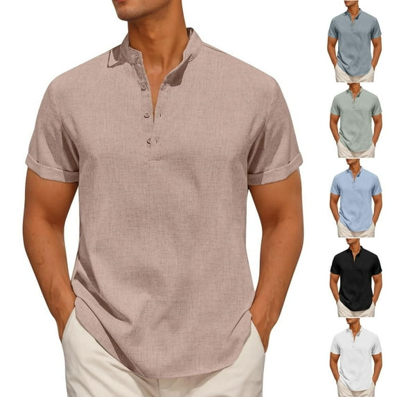 cllios Short Sleeve Henley Shirts for Men Cotton Linen Button Up T Shirt Solid Color Stand-up Collar Dressy Work Tee Tops Camisa De Hombre