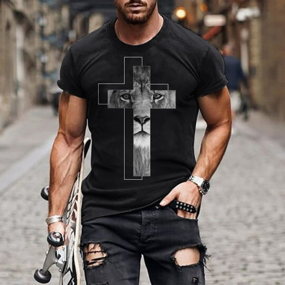 cllios Short Sleeve T Shirt Men Tall,Men's Graphic Tees Streetwear Christian Faith Cross Print T-Shirts Fashion Round Neck Daily Workout Shirts for Men Black XL