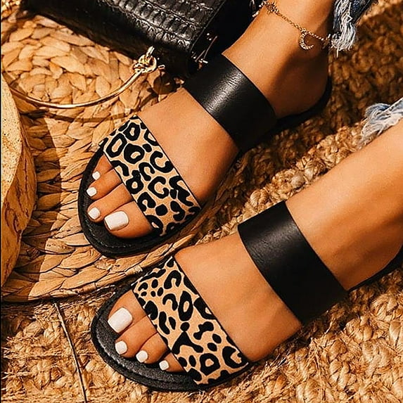 cllios Slipper Sandal for Women Casual Beach Flats Slides Leopard Print Two Band Slip on Summer Sandals