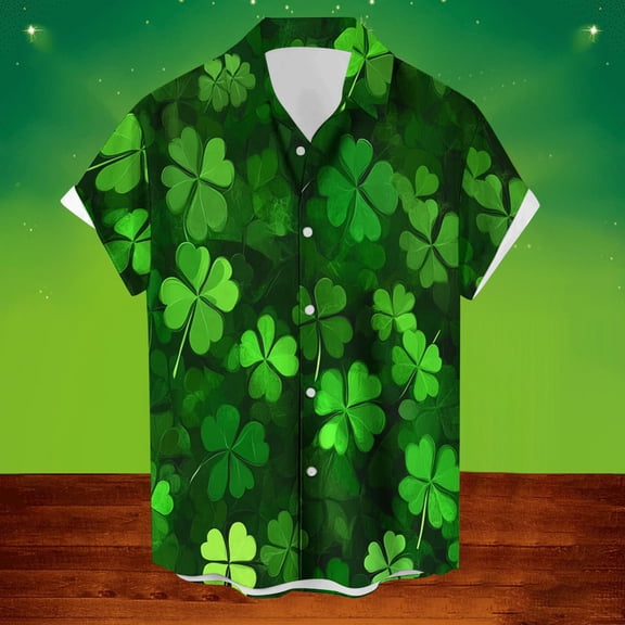 cllios St Patricks Day Shirt, Men's Green Three Leaves Shamrock Print Button Down Shirts, Short Sleeve Ireland Beach Shirts Mens Summer Shirts