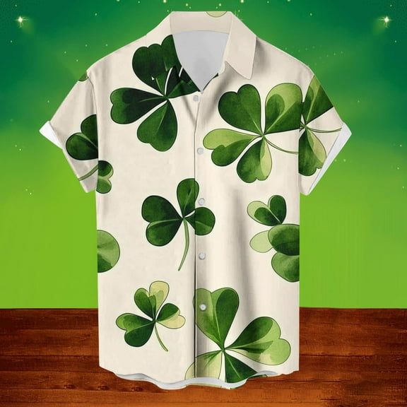 cllios St Patricks Day Shirt, Men's Green Three Leaves Shamrock Print Button Down Shirts, Short Sleeve Ireland Beach Shirts Mens Summer Shirts