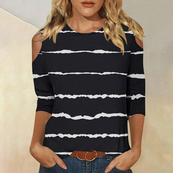 cllios Stripes Shirts for Women Summer Dressy Casual 3/4 Sleeve Tshirts Fashion Cold Shoulder Crewneck Blouses 2024 Going Out Blouse Tops