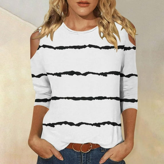 cllios Stripes Shirts for Women Summer Dressy Casual 3/4 Sleeve Tshirts Fashion Cold Shoulder Crewneck Blouses 2024 Going Out Blouse Tops