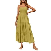 CLLIOS Summer Dresses for Women Bohemian Spaghetti Strap Smocked Tiered Long Beach Sun Dresses Sleeveless Solid Maxi Dresses for women