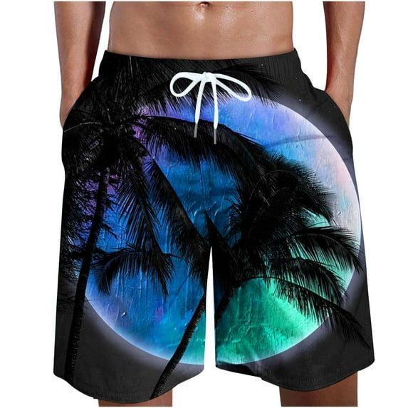 cllios Summer Mens Hawaiian Beach Swim Trunks Casual Elastic Waist Drawstring Tropical Palm Tree Sunset Print Swimsuit Shorts with Pockets