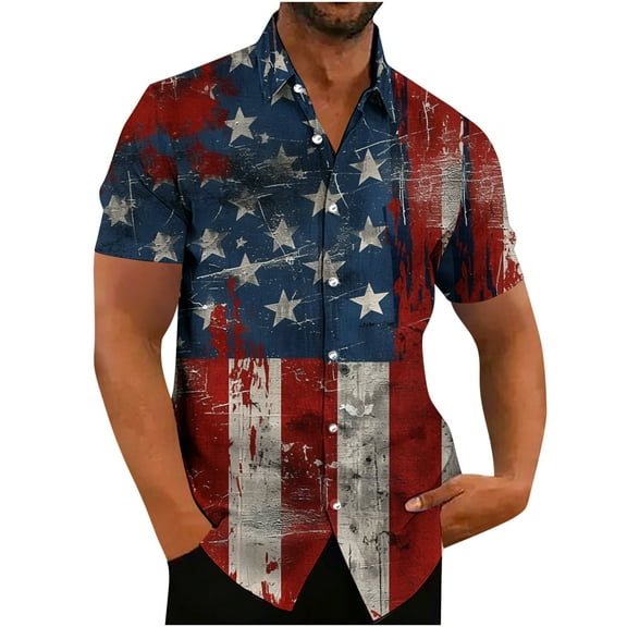 cllios Summer Shirts for Men 4th of July Patriotic Stars and Stripes Print Tees Casual Button Down Lapel Tshirts Independence Day Beach Shirt