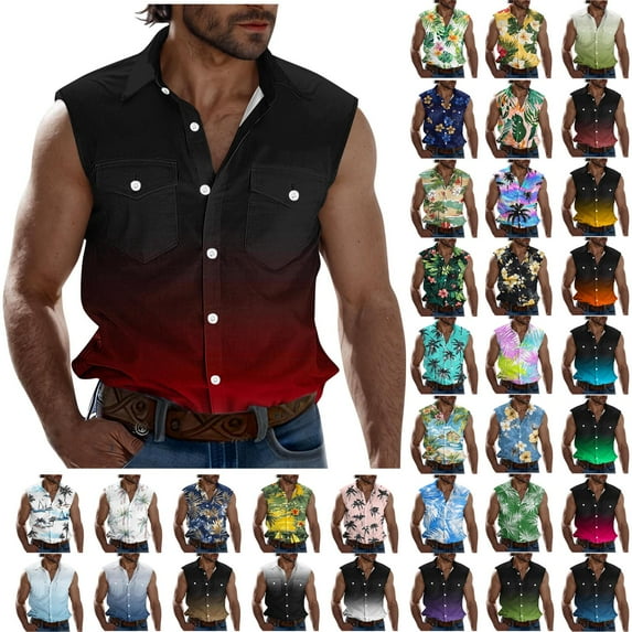 cllios Summer Tank Tops Mens Casual Button Down Collared Shirts Palm Tree Tropical Beach Tank Top Beach Button Up Holiday Tops with Pockets