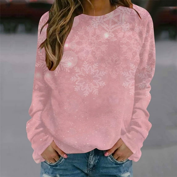 cllios Sweatshirt for Women Round Neck Snowflake Graphic Top Long Sleeve Cozy Shirt Holiday Pullover Sweatshirt