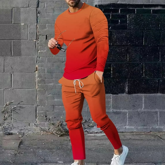 cllios Sweatsuits 2 pcs Sets Mens Long Sleeve Gradient Suits Big and Tall Activewear Casual Round Neck Shirts and Drawstring Pants Matching Athletic Set