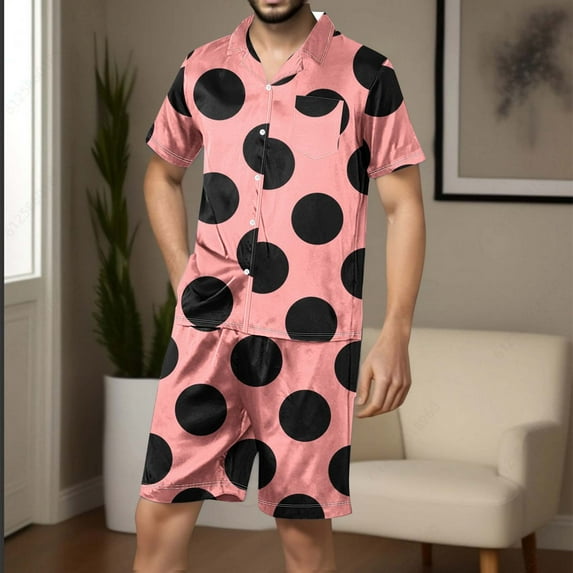 cllios Swiss Dot Pajamas Set for Men Silk Stain Loungewear Short Sleeve Blouse and Shorts Sets 2 Piece Mens Sleepwear