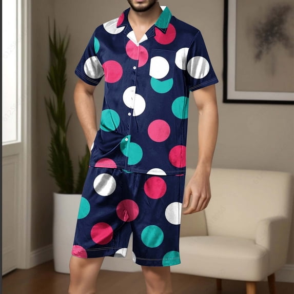 cllios Swiss Dot Pajamas Set for Men Silk Stain Loungewear Short Sleeve Blouse and Shorts Sets 2 Piece Mens Sleepwear