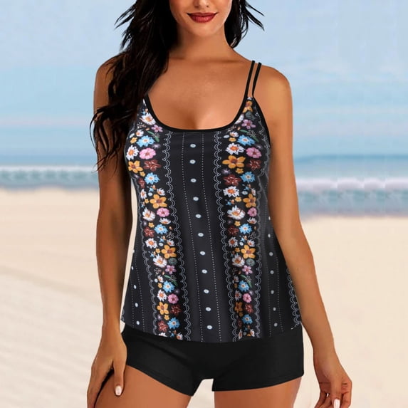 cllios Tummy Control Tankini Swimsuits for Women, Women's 2 Piece Swimderss Bikini Bathing Suits Tank Top with Boyshorts Swimswear Black M