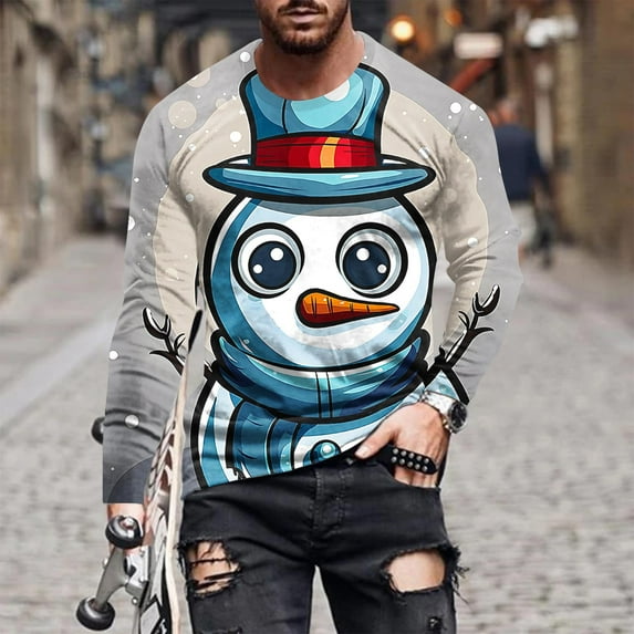 cllios Ugly Christmas Shirts for Men,Novelty Chirtsmas Snowman 3D Printed Long Sleeve Tshirts Big and Tall Round Neck Xmas Holiday Graphic Tees,Vacation Christmas Shirt,Mens Christmas Gift Ideas