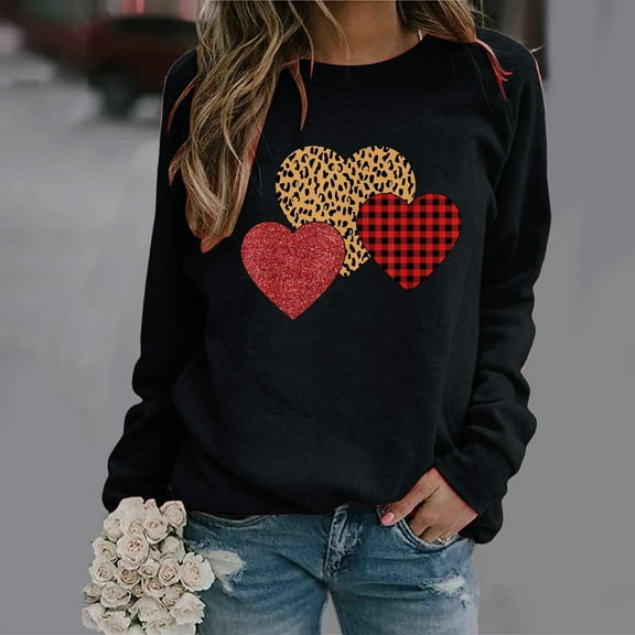 cllios Valentine's Day Shirts for Women Cute Heart Leopard Plaid Graphic Sweatshirts Long Sleeve Crewneck Casual Pullover Tops 2024 Valentines Day Gifts Black XL