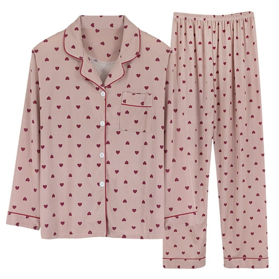 cllios Valentines Day Womens Pajamas Sets Sweet Love Heart Print Pjs Set 2 Piece Long Sleeve Nightwear Sleepwear Casual Button Down Loungewear 2024 Clearance Wine M